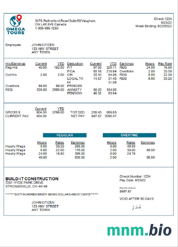 USA Omega Tours tourism company pay stub